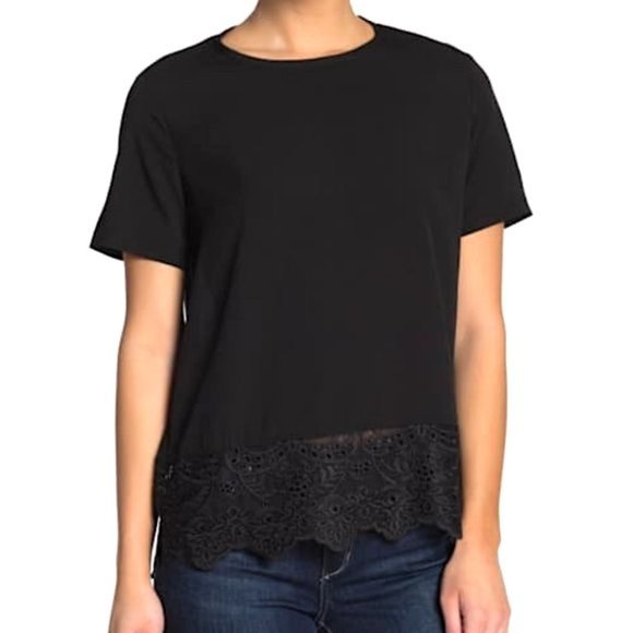 New French Connection Embroidered Eyelet Hem Short Sleeve Tee Black Size XS - Picture 3 of 16